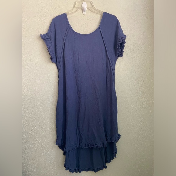 NWOT, Umgee Linen Blend Round Neck Navy Dress w Pockets Fringed Assymetrical Hem - Picture 2 of 13